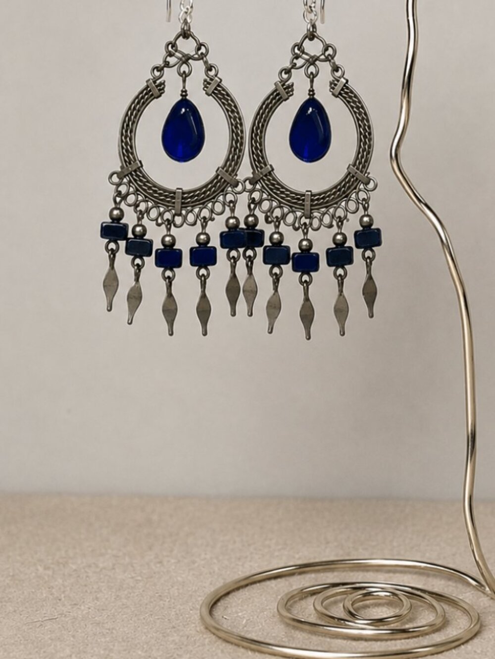 Vintage Silver Tone Chandelier Earrings Blue Stone Chip Dangle Statement